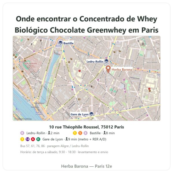 Onde encontrar Concentrado de Whey Biológico Chocolate Greenwhey 900 g - Herba Barona Paris