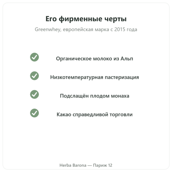 Органический концентрат сывороточного протеина Greenwhey Шоколад 900 г качество Paris Herba Barona