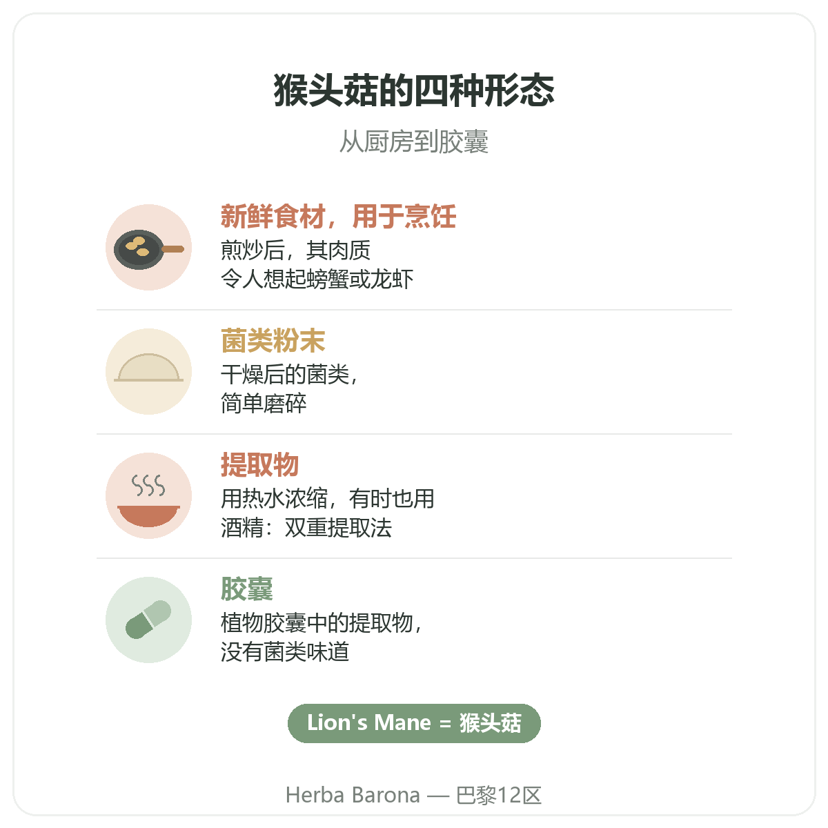 巴黎狮鬃菇:四种形态,Herba Barona巴黎12区