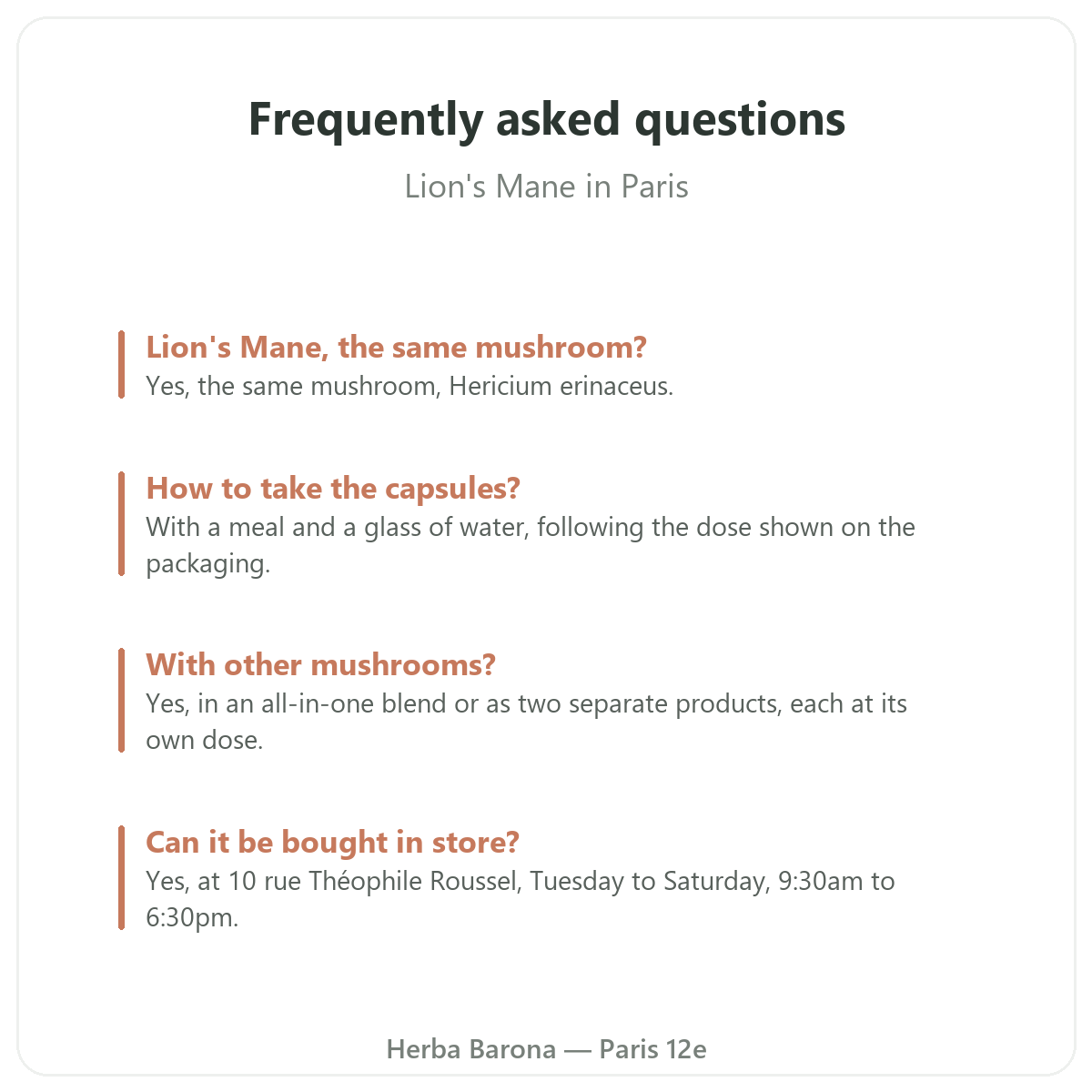 Lion's Mane Paris: frequently asked questions, Herba Barona Paris 12th