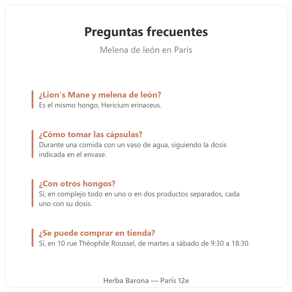 Melena de león París: preguntas frecuentes, Herba Barona París 12