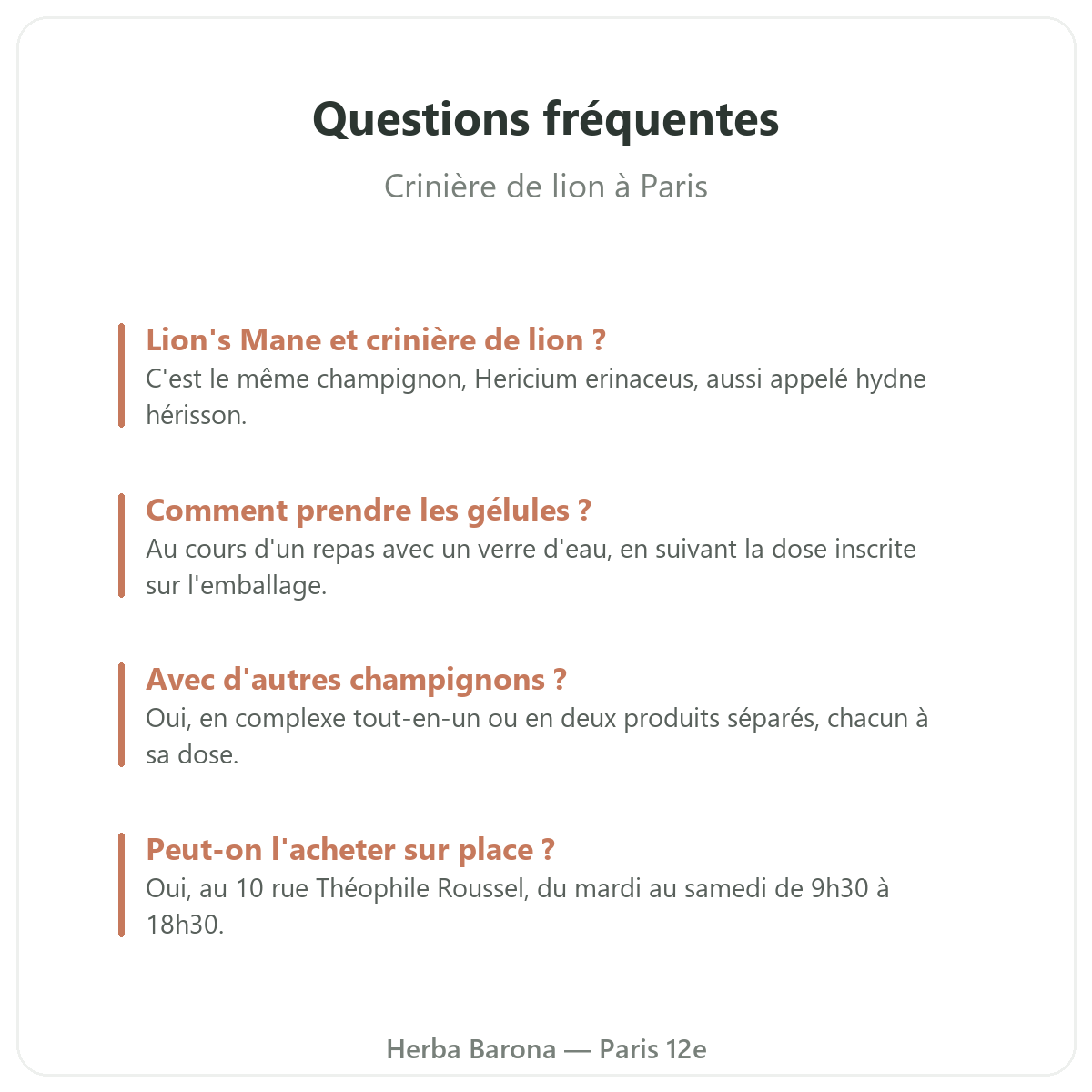 Crinière de lion à Paris : questions fréquentes, Herba Barona Paris 12e