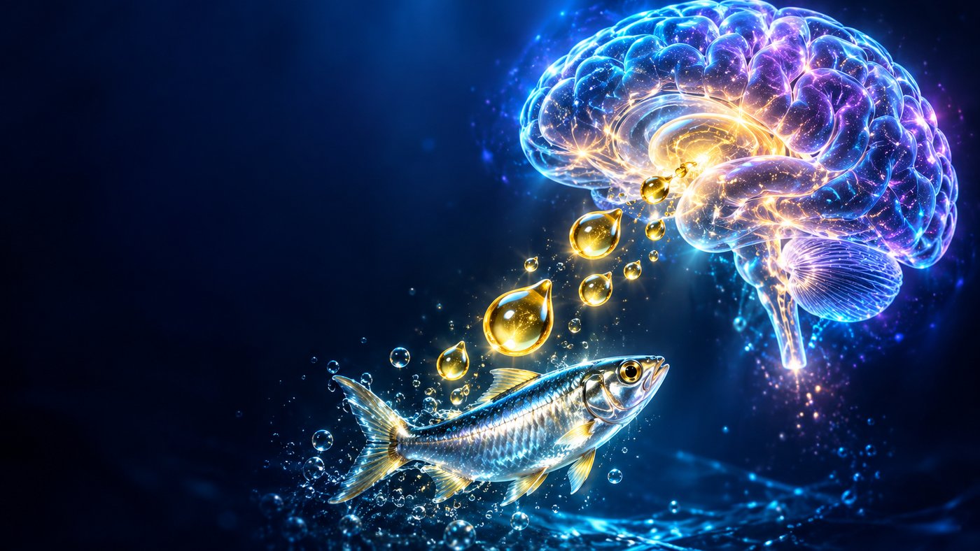 Oméga 3, gouttes d'huile de poisson qui remontent vers le cerveau — illustration 3D — podcast Herba Barona Paris