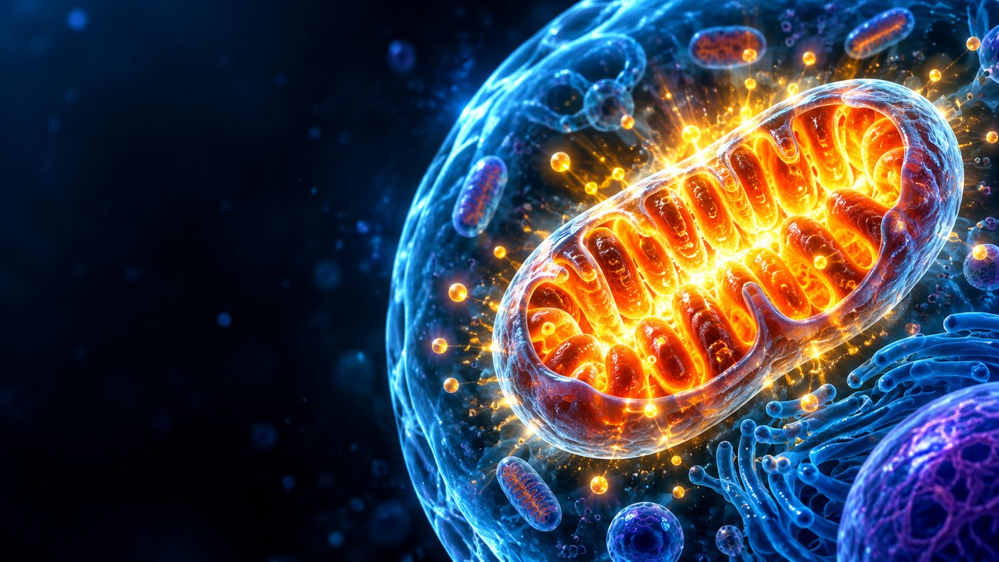 Mitochondries, une mitochondrie lumineuse au cœur de la cellule — illustration 3D — podcast Herba Barona Paris