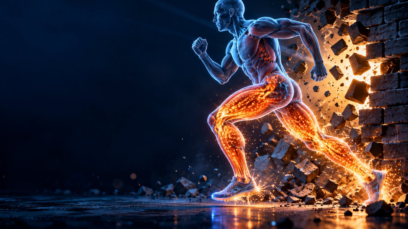 Mitochondries et sport, un coureur qui traverse le mur du marathon — illustration 3D — podcast Herba Barona Paris