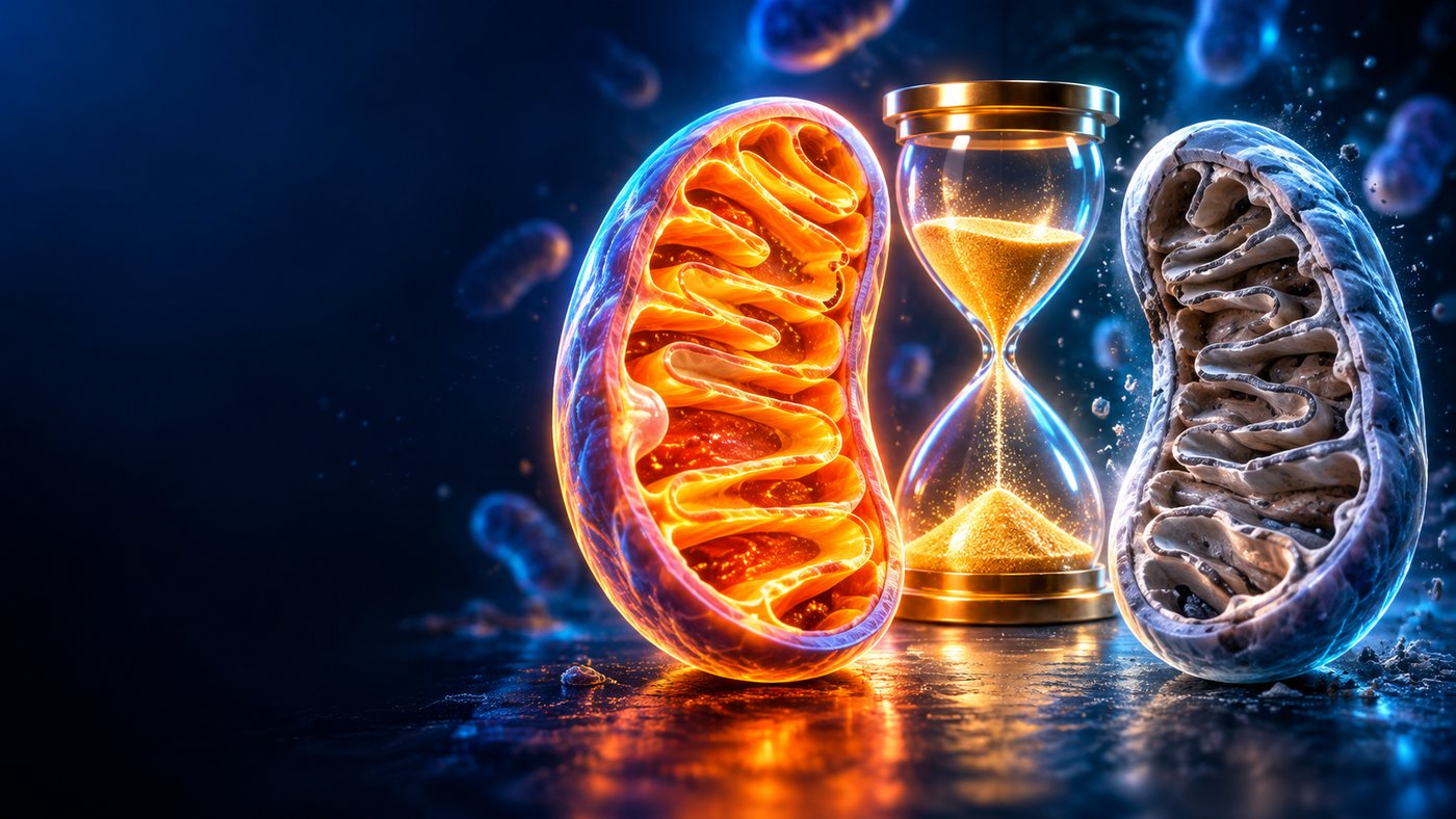 Mitochondries et vieillissement, une mitochondrie jeune et une mitochondrie usée de part et d'autre d'un sablier — illustration 3D — podcast Herba Barona Paris