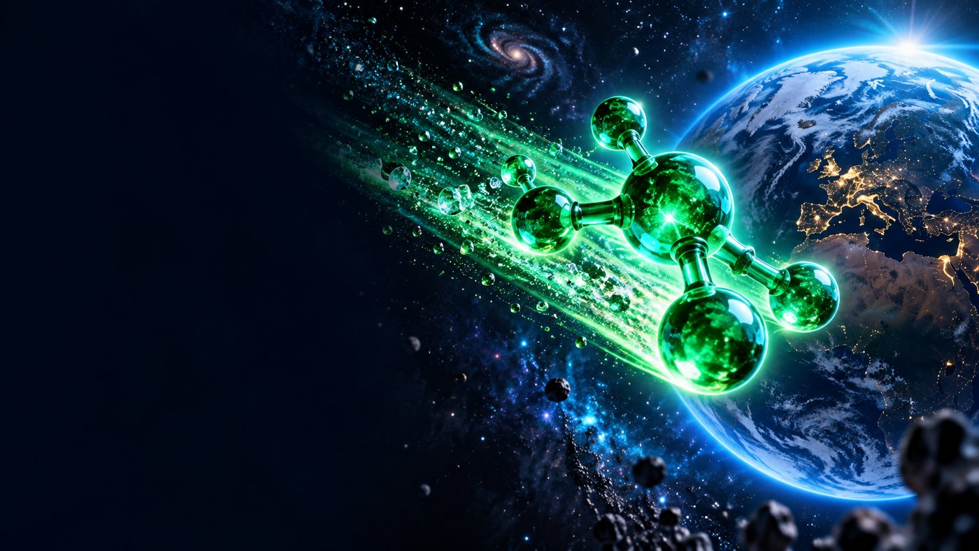 PQQ, une molécule verte venue de l'espace face à la Terre — illustration 3D — podcast Herba Barona Paris