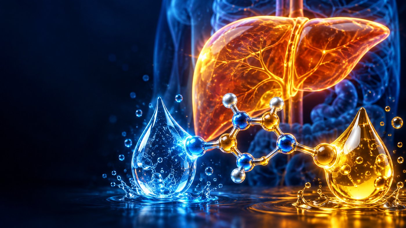 Acide alpha-lipoïque, une molécule entre une goutte d'eau et une goutte d'huile devant un foie — illustration 3D — podcast Herba Barona Paris