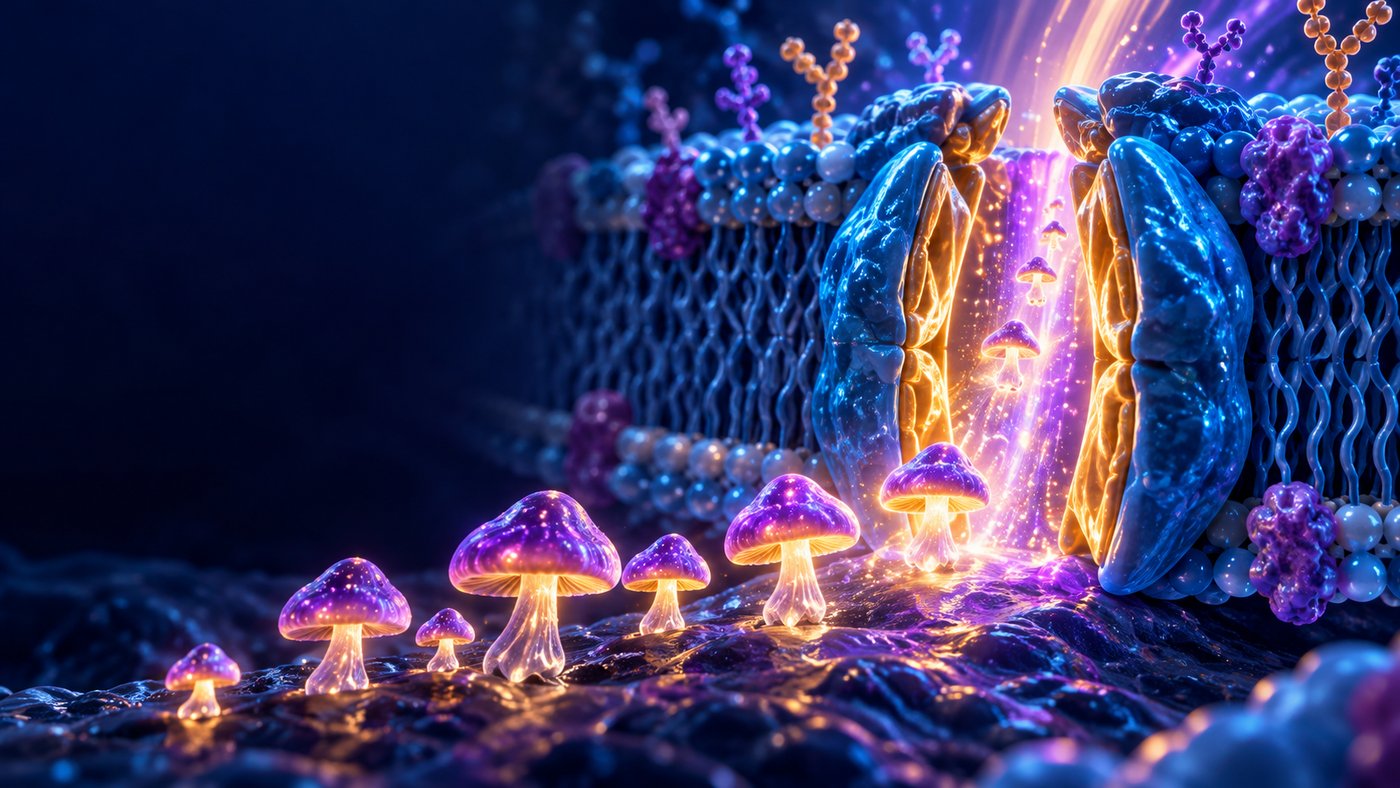 Ergothionéine, des champignons lumineux devant la porte réservée d'une membrane cellulaire — illustration 3D — podcast Herba Barona Paris