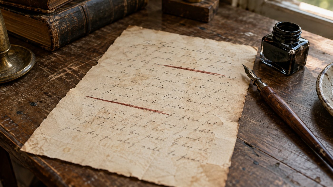 Manuscrit ancien sur un bureau, deux lignes barrées à l'encre rouge, comme les noms « ignose » et « godnose » refusés