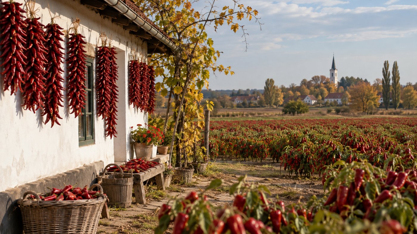 Chapelets de paprika séchant sur la façade d'une ferme hongroise près de Szeged, champs de piments rouges à l'automne
