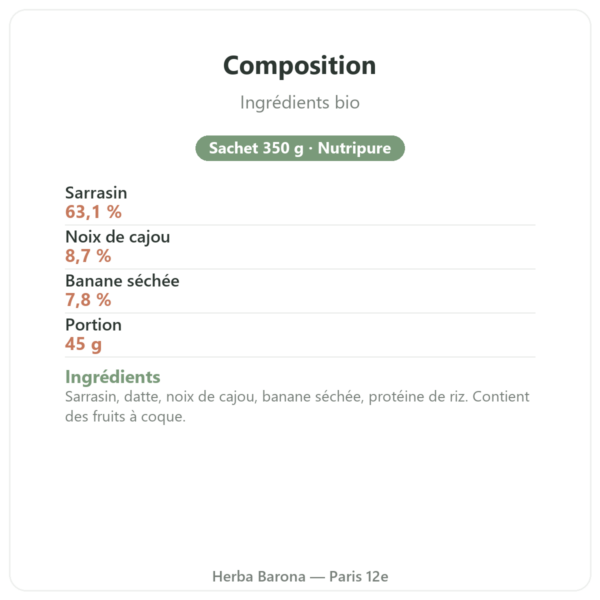 Pure Granola Banane Cajou bio Nutripure 350 g composition valeurs nutritionnelles Paris Herba Barona