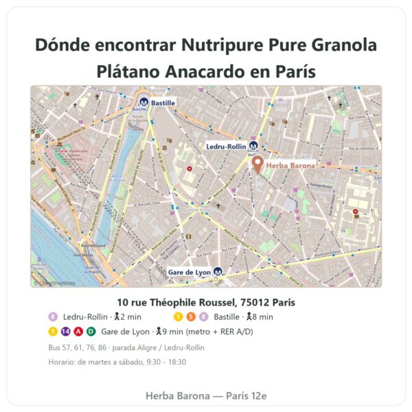 Dónde encontrarlo Pure Granola Plátano Anacardo ecológica Nutripure 350 g - Herba Barona Paris