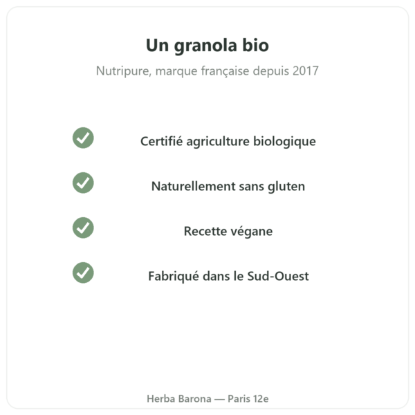 Pure Granola Banane Cajou bio Nutripure 350 g qualité Paris Herba Barona
