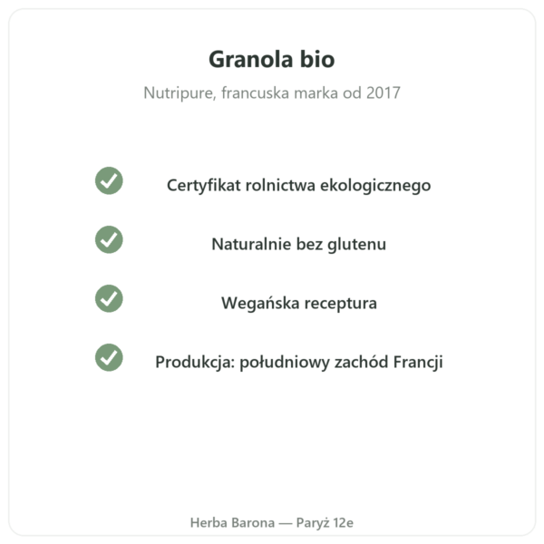 Pure Granola Banan Nerkowiec bio Nutripure 350 g jakość Paris Herba Barona