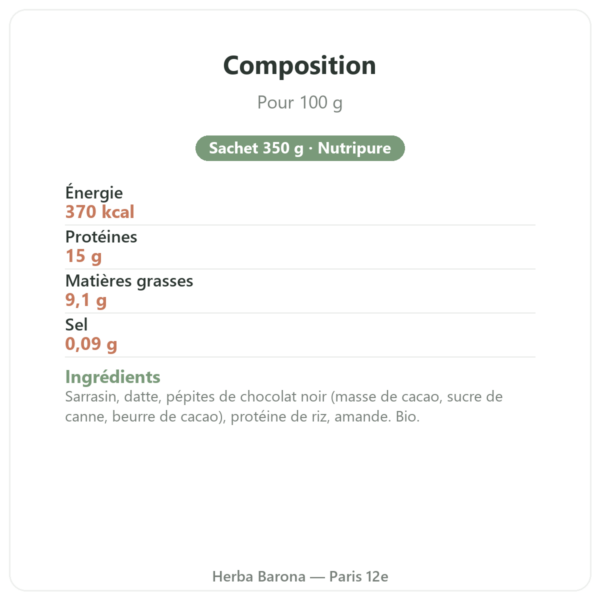Pure Granola chocolat bio Nutripure 350 g composition valeurs nutritionnelles Paris Herba Barona