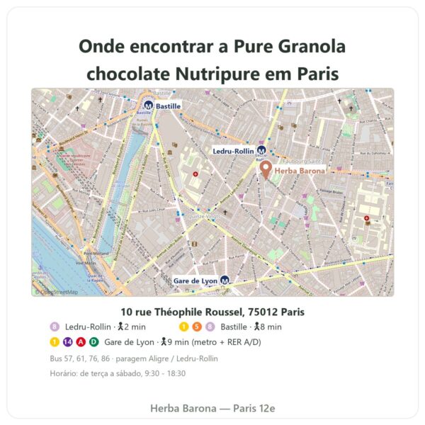 Onde encontrar Pure Granola chocolate biológica Nutripure 350 g - Herba Barona Paris