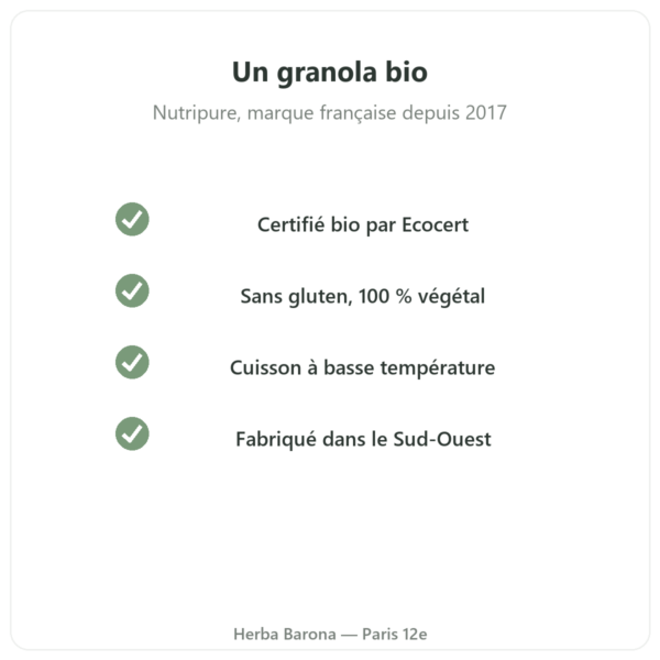 Pure Granola chocolat bio Nutripure 350 g qualité Paris Herba Barona