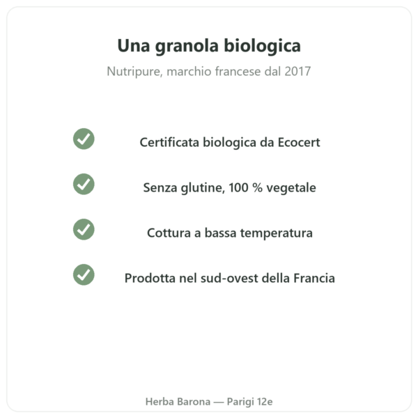 Pure Granola cioccolato biologica Nutripure 350 g qualità Paris Herba Barona