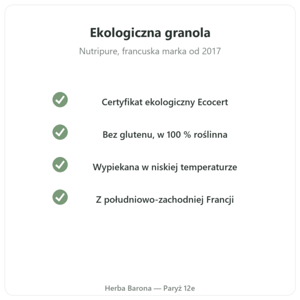Pure Granola czekoladowa ekologiczna Nutripure 350 g jakość Paris Herba Barona