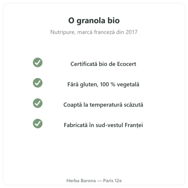 Pure Granola ciocolată bio Nutripure 350 g calitate Paris Herba Barona