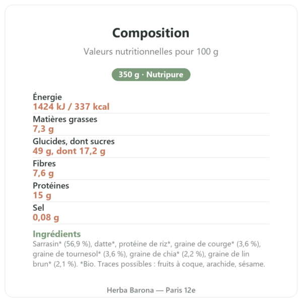 Pure Granola Multigraines bio Nutripure 350 g composition valeurs nutritionnelles Paris Herba Barona