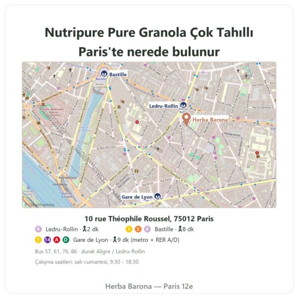 Nerede bulunur Pure Granola Çok Tahıllı organik Nutripure 350 g - Herba Barona Paris