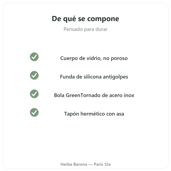 Shaker de proteínas de vidrio GreenShaker 2.0 Greenwhey 600 ml calidad Paris Herba Barona