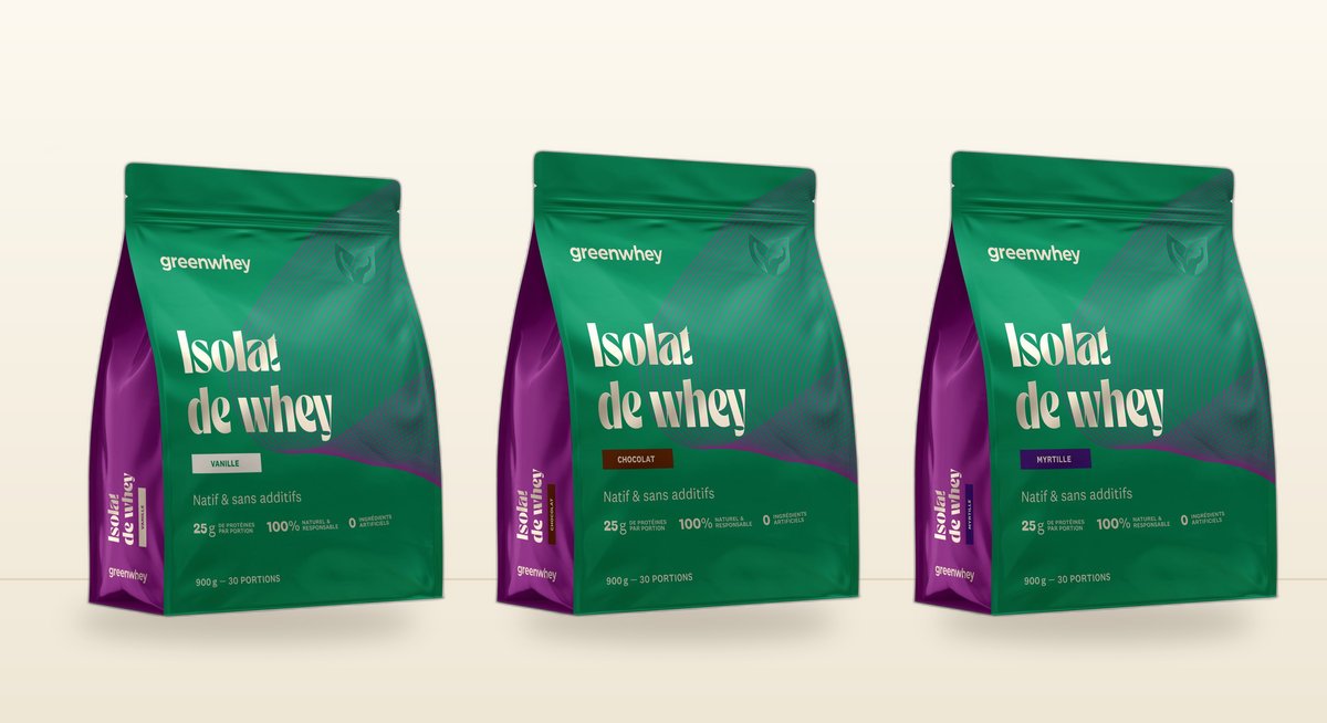 Isolats de whey native Greenwhey vanille, chocolat et myrtille 900 g, Herba Barona Paris 12e