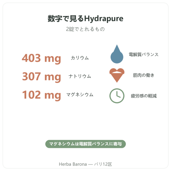 Hydrapure 電解質 Nutripure トロピカルフルーツ味 30錠 特長と主な数値 Paris Herba Barona