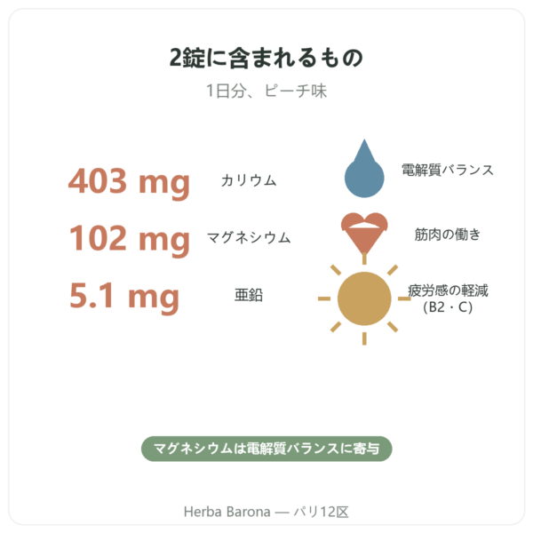 Hydrapure 電解質 Nutripure ピーチ味 30錠 特長と主な数値 Paris Herba Barona