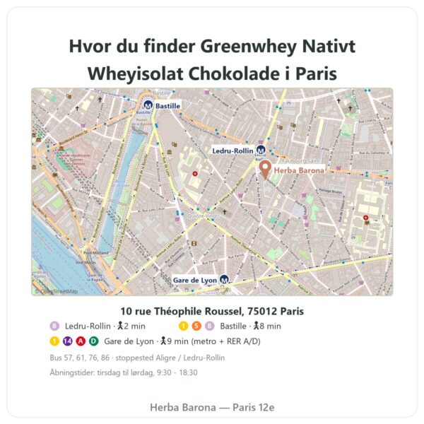 Hvor finder man Greenwhey Nativt Wheyisolat Chokolade 900 g - Herba Barona Paris
