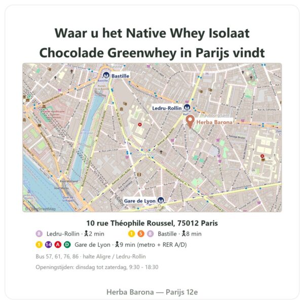 Waar te vinden Native Whey Isolaat Chocolade Greenwhey 900 g - Herba Barona Paris