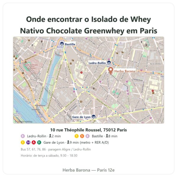 Onde encontrar Isolado de Whey Nativo Chocolate Greenwhey 900 g - Herba Barona Paris