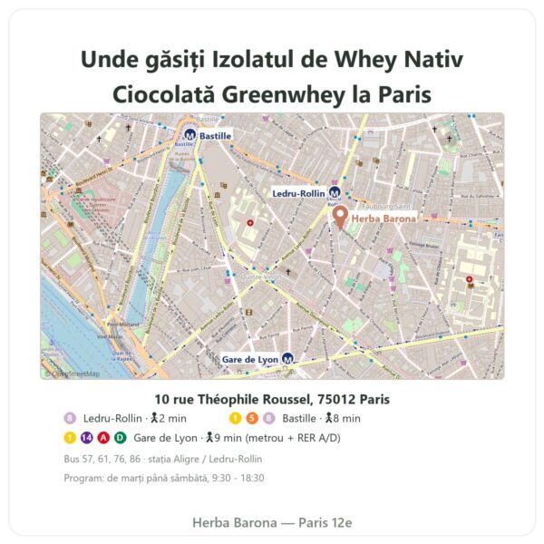 Unde găsiți Izolat de Whey Nativ Ciocolată Greenwhey 900 g - Herba Barona Paris