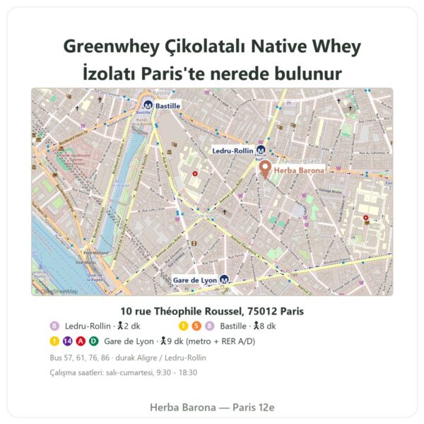 Nerede bulunur Greenwhey Çikolatalı Native Whey İzolatı 900 g - Herba Barona Paris