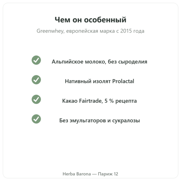 Нативный изолят сывороточного протеина Greenwhey Шоколад 900 г качество Paris Herba Barona