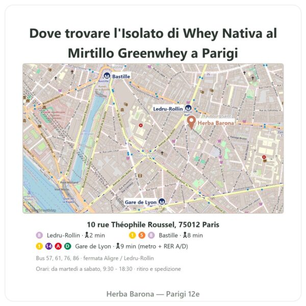 Dove trovarlo Isolato di Whey Nativa al Mirtillo Greenwhey 900 g - Herba Barona Paris