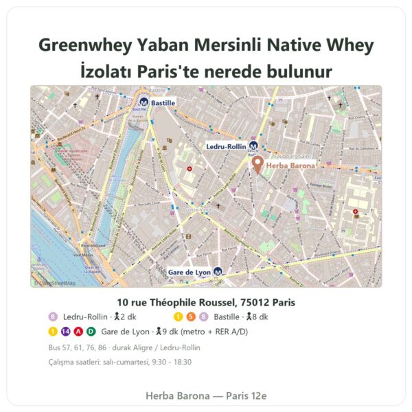Nerede bulunur Greenwhey Yaban Mersinli Native Whey İzolatı 900 g - Herba Barona Paris
