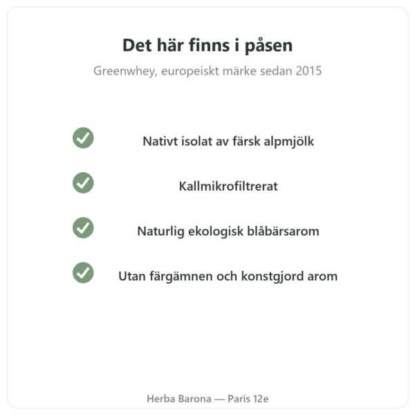 Greenwhey Nativt Wheyisolat Blåbär 900 g kvalitet Paris Herba Barona