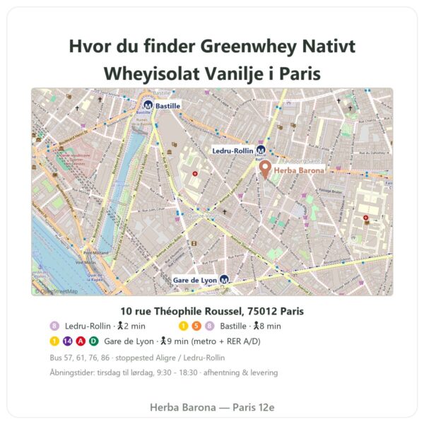 Hvor finder man Greenwhey Nativt Wheyisolat Vanilje 900 g - Herba Barona Paris