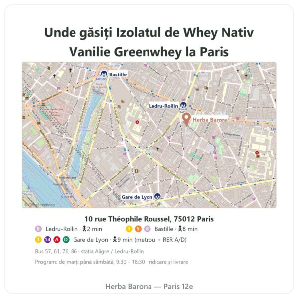 Unde găsiți Izolat de Whey Nativ Vanilie Greenwhey 900 g - Herba Barona Paris