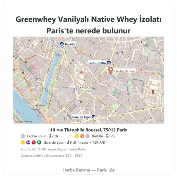 Nerede bulunur Greenwhey Vanilyalı Native Whey İzolatı 900 g - Herba Barona Paris