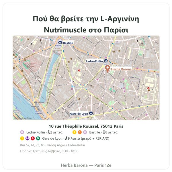 Πού θα τη βρείτε L-Αργινίνη Base Nutrimuscle (Nutrielement) – 120 κάψουλες - Herba Barona Paris