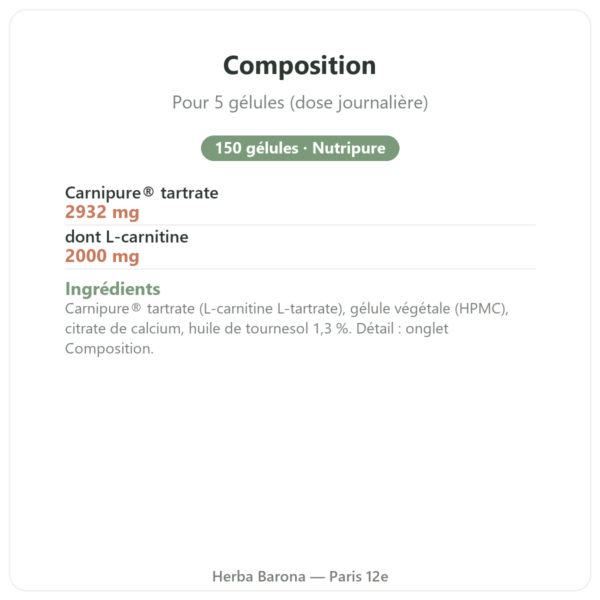 L-Carnitine Carnipure Nutripure 150 gélules composition Paris Herba Barona