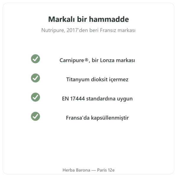 L-Carnitine Carnipure® Nutripure 150 kapsül kalite Paris Herba Barona