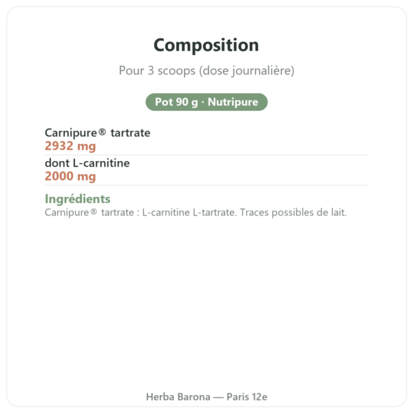 L-Carnitine Carnipure Nutripure poudre 90 g composition valeurs nutritionnelles Paris Herba Barona