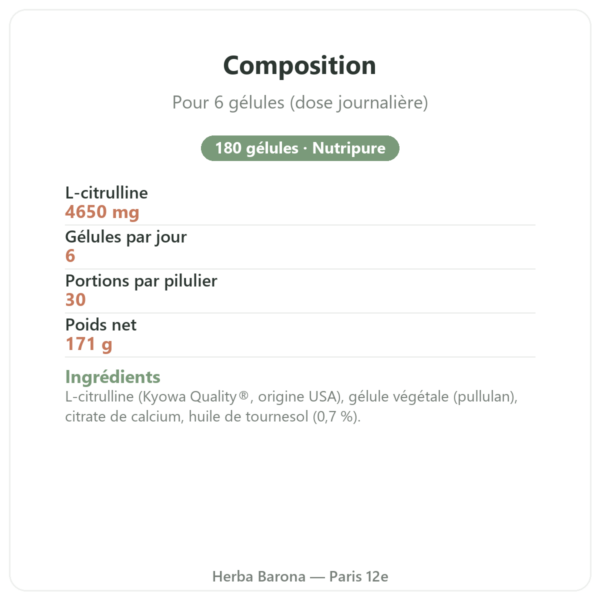 L-Citrulline Nutripure 180 gélules composition Paris Herba Barona