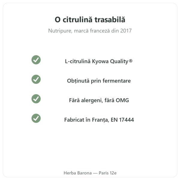 L-Citrulină Kyowa Quality® Nutripure – 180 de capsule calitate Paris Herba Barona