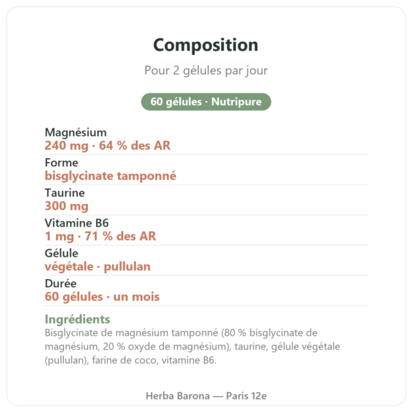 Magnésium bisglycinate 60 gélules Nutripure composition Paris Herba Barona